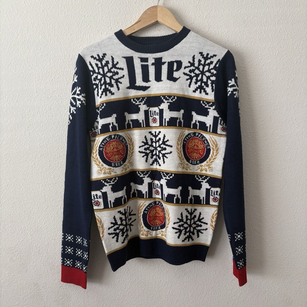 Miller Lite Ugly Christmas Sweater S Navy Knit Fair Isle Reindeer Beer Crew Neck